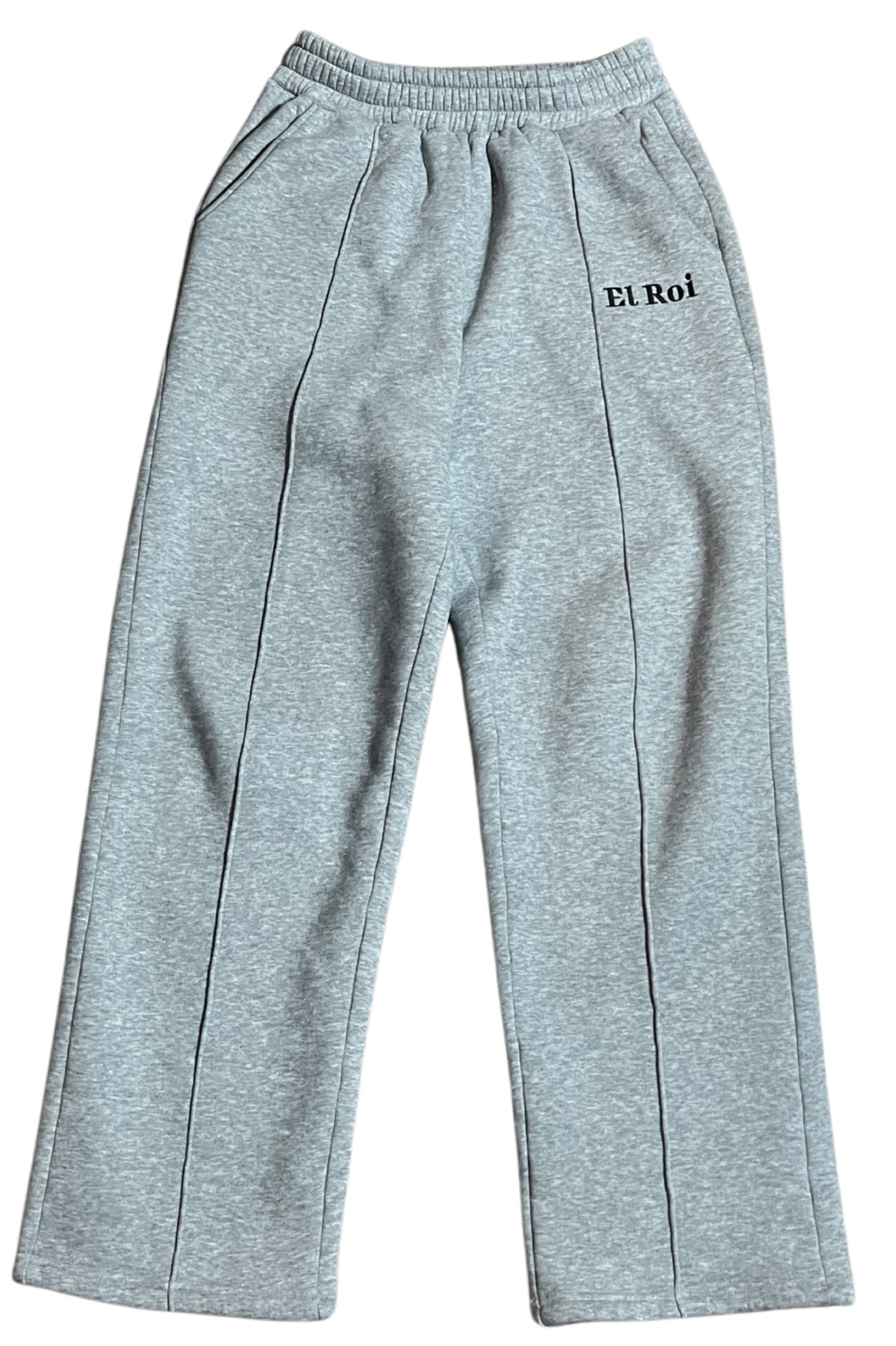 Gray pleated sweatpants with 'EL ROI' logo embroidered on the left leg.