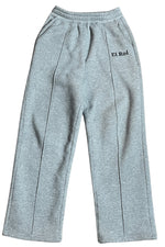 Gray pleated sweatpants with 'EL ROI' logo embroidered on the left leg.